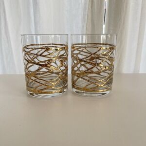 Culver 22k Gold Raised Golden Ropes Pair Double Old Fashioned Low Ball Glasses‎